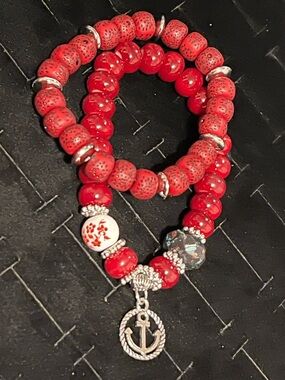Red Beaded Anchor Charm Bracelet - Women Jewelry